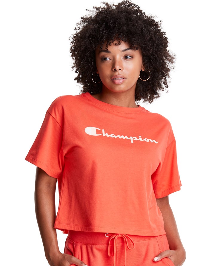 Champion T-Shirt Dames - Oranje - Cropped Script Logo ( 241563-XOI )